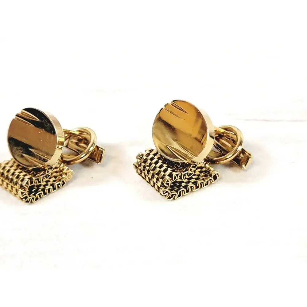 Vintage Gold Tone Round Etched CuffLinks & Classic Tie Tack Chain Clip